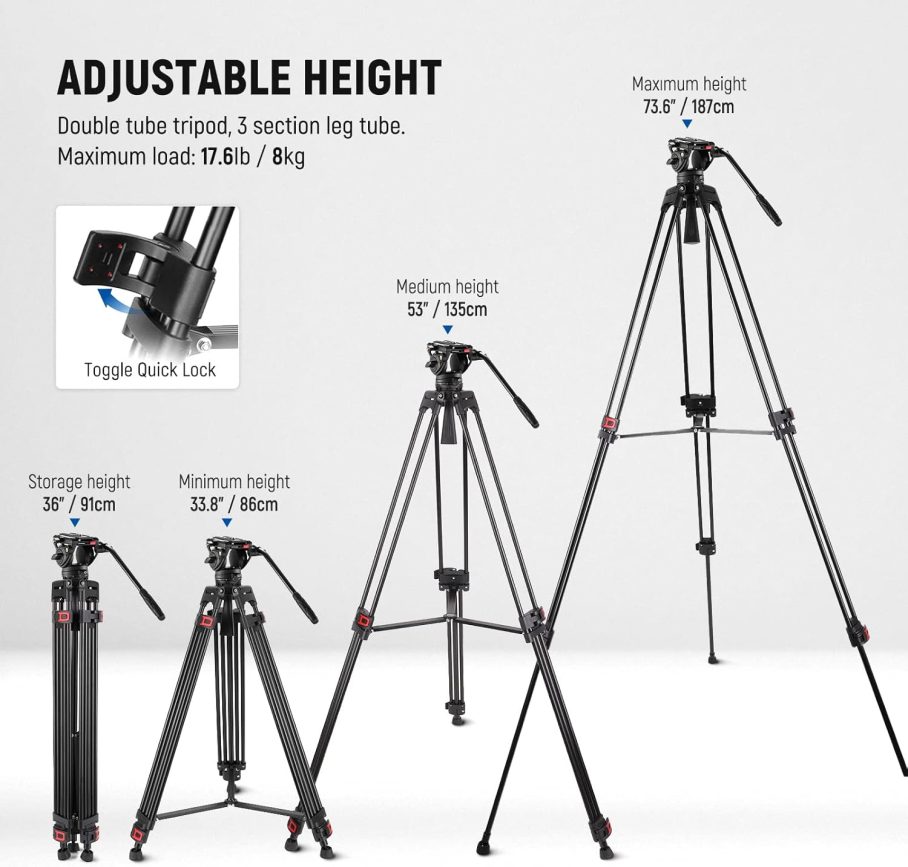 NEEWER 74" Video Tripod with Fluid Head, QR Plate , Aluminum Heavy Duty Camera Tripod Professional for DSLR Cameras Camcorders, Max Load 17.6lb/8kg, TP74 - Image 2