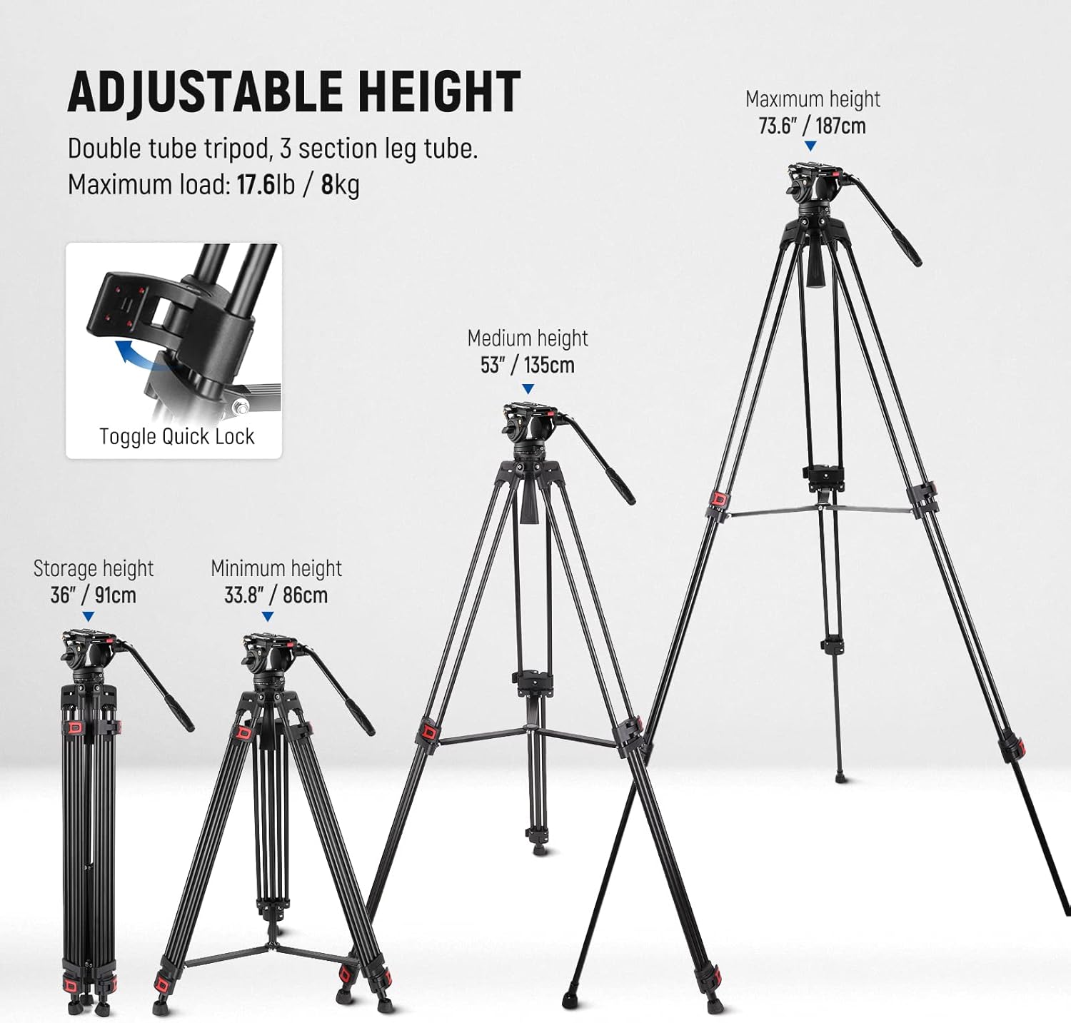 NEEWER 74" Video Tripod with Fluid Head, QR Plate , Aluminum Heavy Duty Camera Tripod Professional for DSLR Cameras Camcorders, Max Load 17.6lb/8kg, TP74 - Image 2