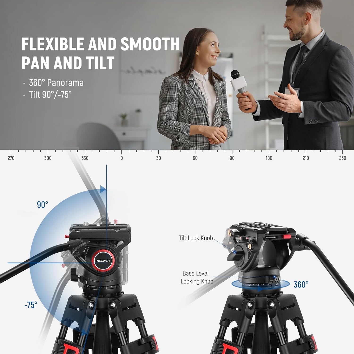 NEEWER 74" Video Tripod with Fluid Head, QR Plate , Aluminum Heavy Duty Camera Tripod Professional for DSLR Cameras Camcorders, Max Load 17.6lb/8kg, TP74 - Image 3