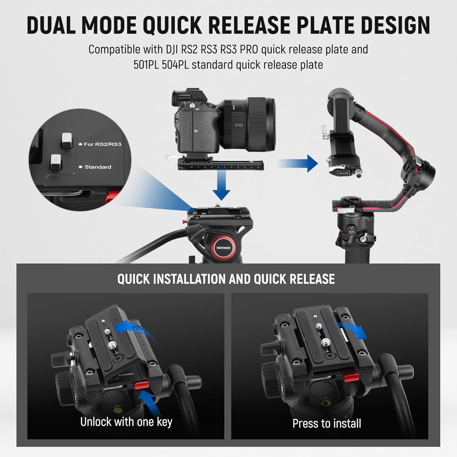NEEWER 74" Video Tripod with Fluid Head, QR Plate , Aluminum Heavy Duty Camera Tripod Professional for DSLR Cameras Camcorders, Max Load 17.6lb/8kg, TP74 - Image 4
