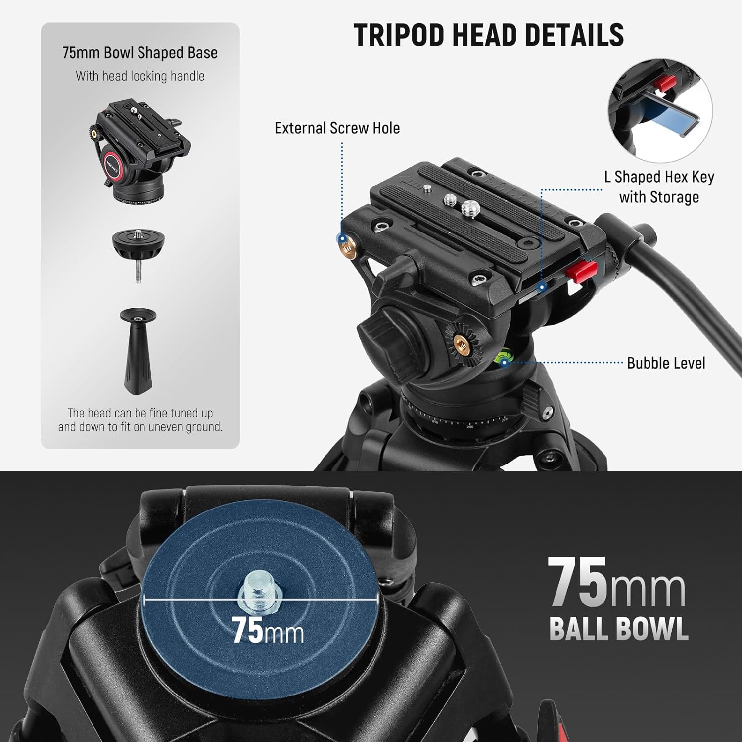 NEEWER 74" Video Tripod with Fluid Head, QR Plate , Aluminum Heavy Duty Camera Tripod Professional for DSLR Cameras Camcorders, Max Load 17.6lb/8kg, TP74 - Image 6