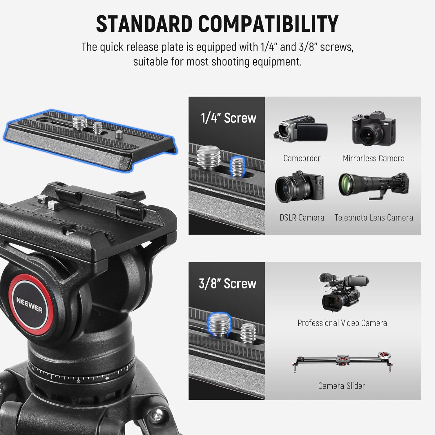 NEEWER 74" Video Tripod with Fluid Head, QR Plate , Aluminum Heavy Duty Camera Tripod Professional for DSLR Cameras Camcorders, Max Load 17.6lb/8kg, TP74 - Image 7