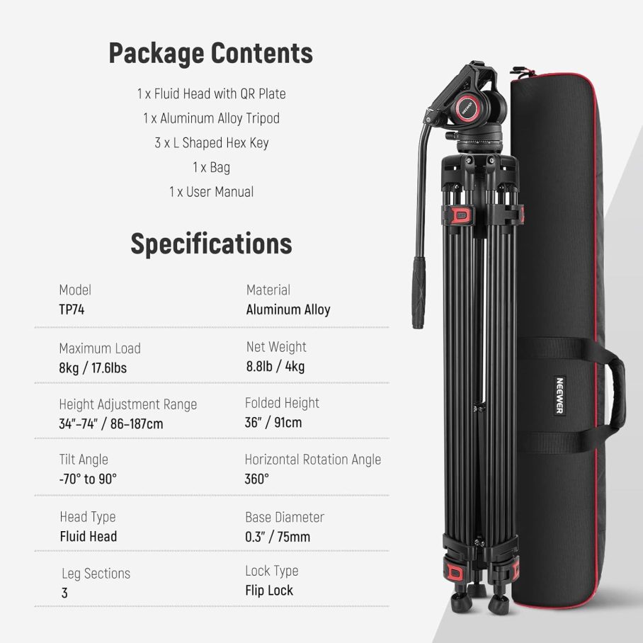 NEEWER 74" Video Tripod with Fluid Head, QR Plate , Aluminum Heavy Duty Camera Tripod Professional for DSLR Cameras Camcorders, Max Load 17.6lb/8kg, TP74 - Image 9