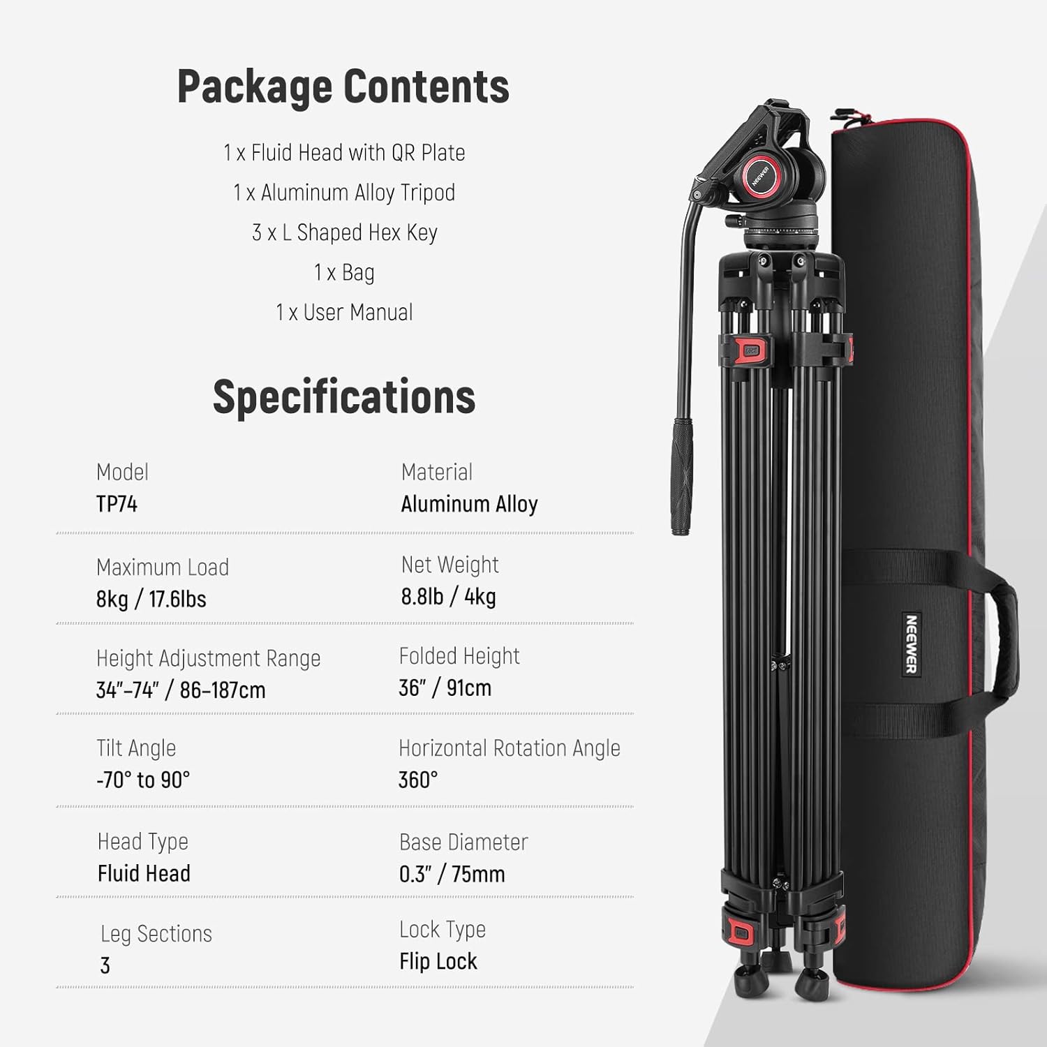 NEEWER 74" Video Tripod with Fluid Head, QR Plate , Aluminum Heavy Duty Camera Tripod Professional for DSLR Cameras Camcorders, Max Load 17.6lb/8kg, TP74 - Image 9