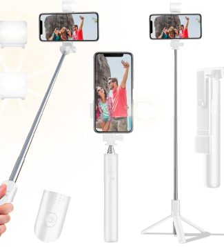 Selfie Stick Tripod, 40 in Retractable Tripod for iPhone with Wireless Remote Control & Light, Portable Phone Tripod for Photograph, Live Streaming, Video Recording, Compatible with All Cellphones